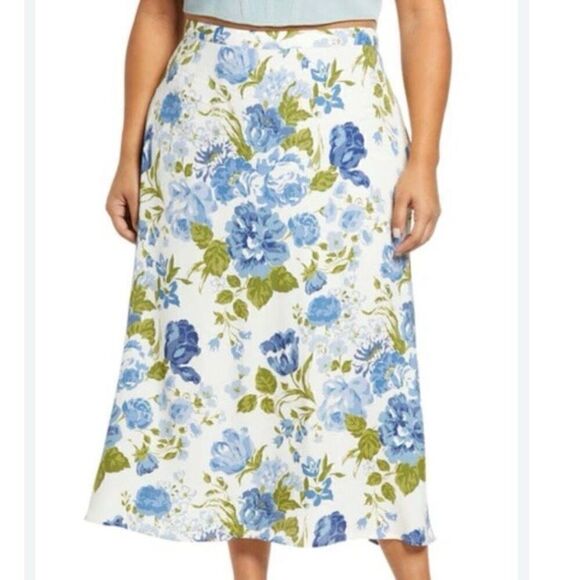 Reformation Bea Lucca Blue & Green Floral Print Midi Skirt NWT Plus Size 22 - Picture 1 of 7